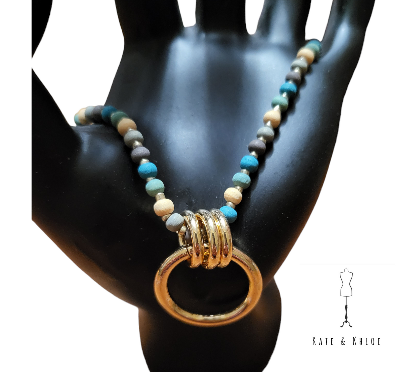 Gentry Gold Chain Necklace Teal & Neutrals Beads