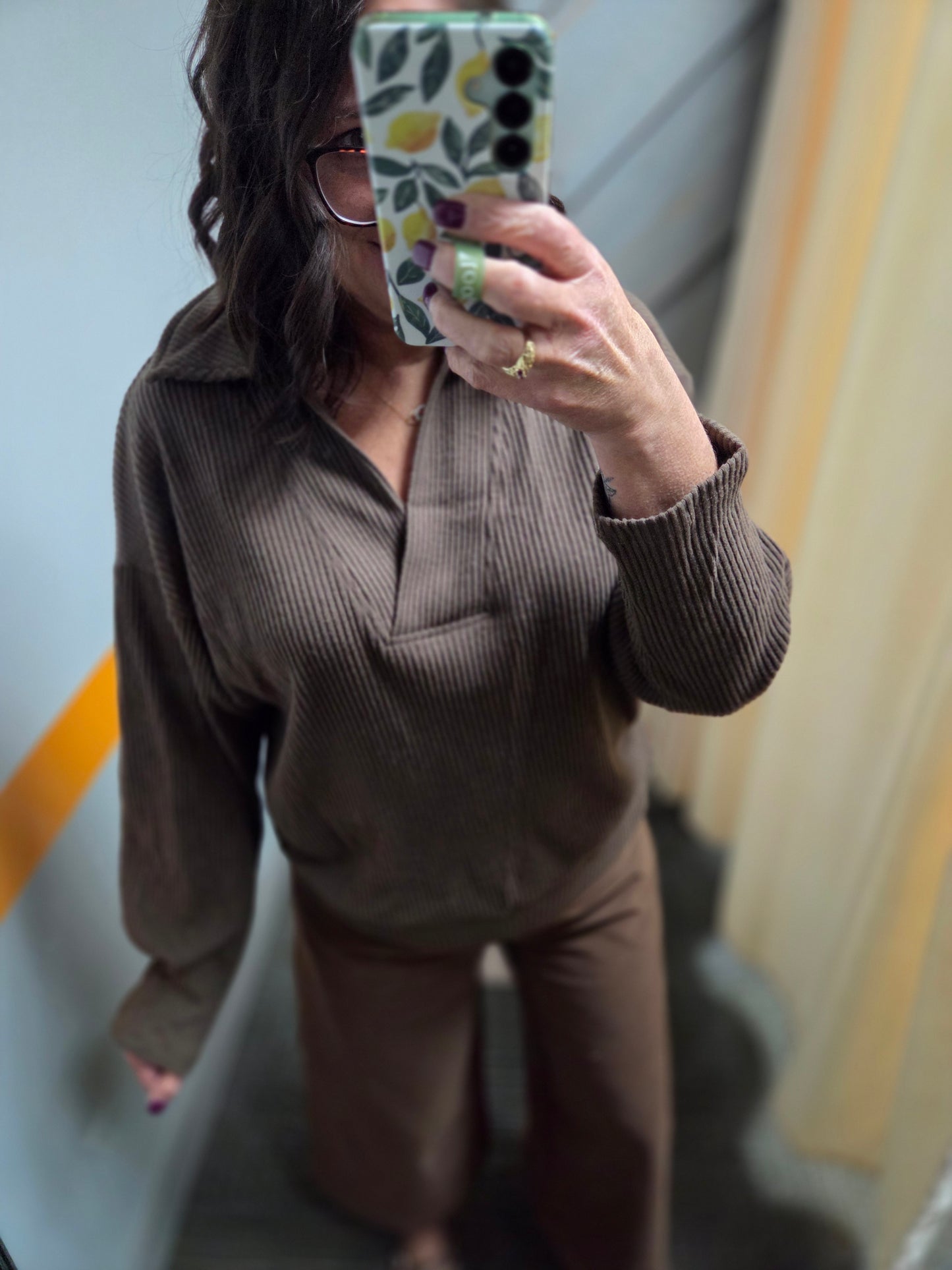 Rib Knit Collared Pullover Top~ Chocolate Brown