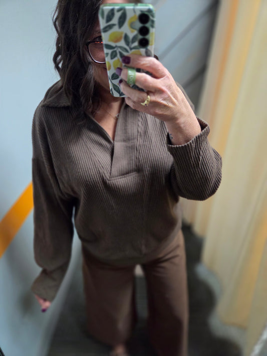 Rib Knit Collared Pullover Top~ Chocolate Brown