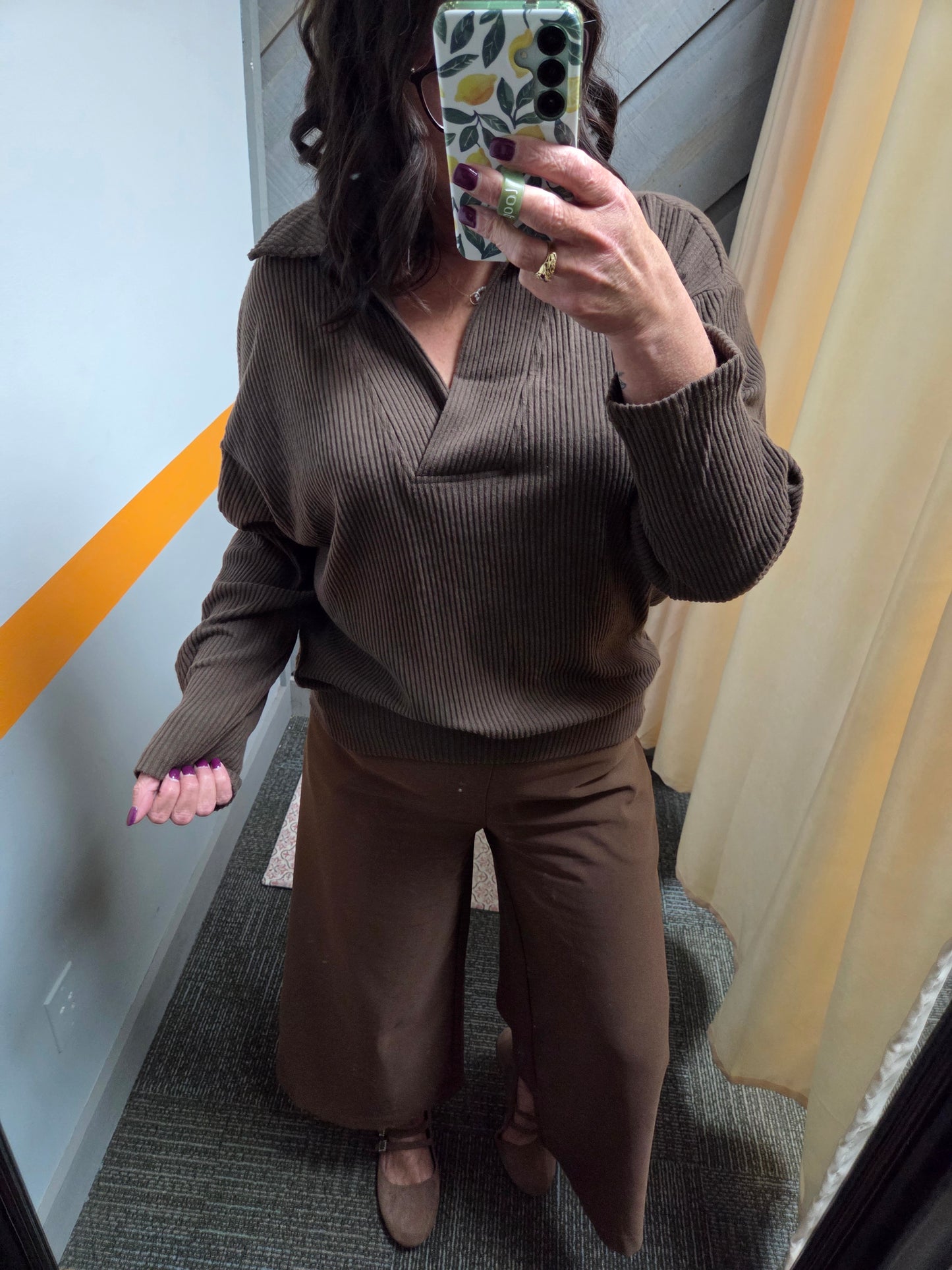 Rib Knit Collared Pullover Top~ Chocolate Brown