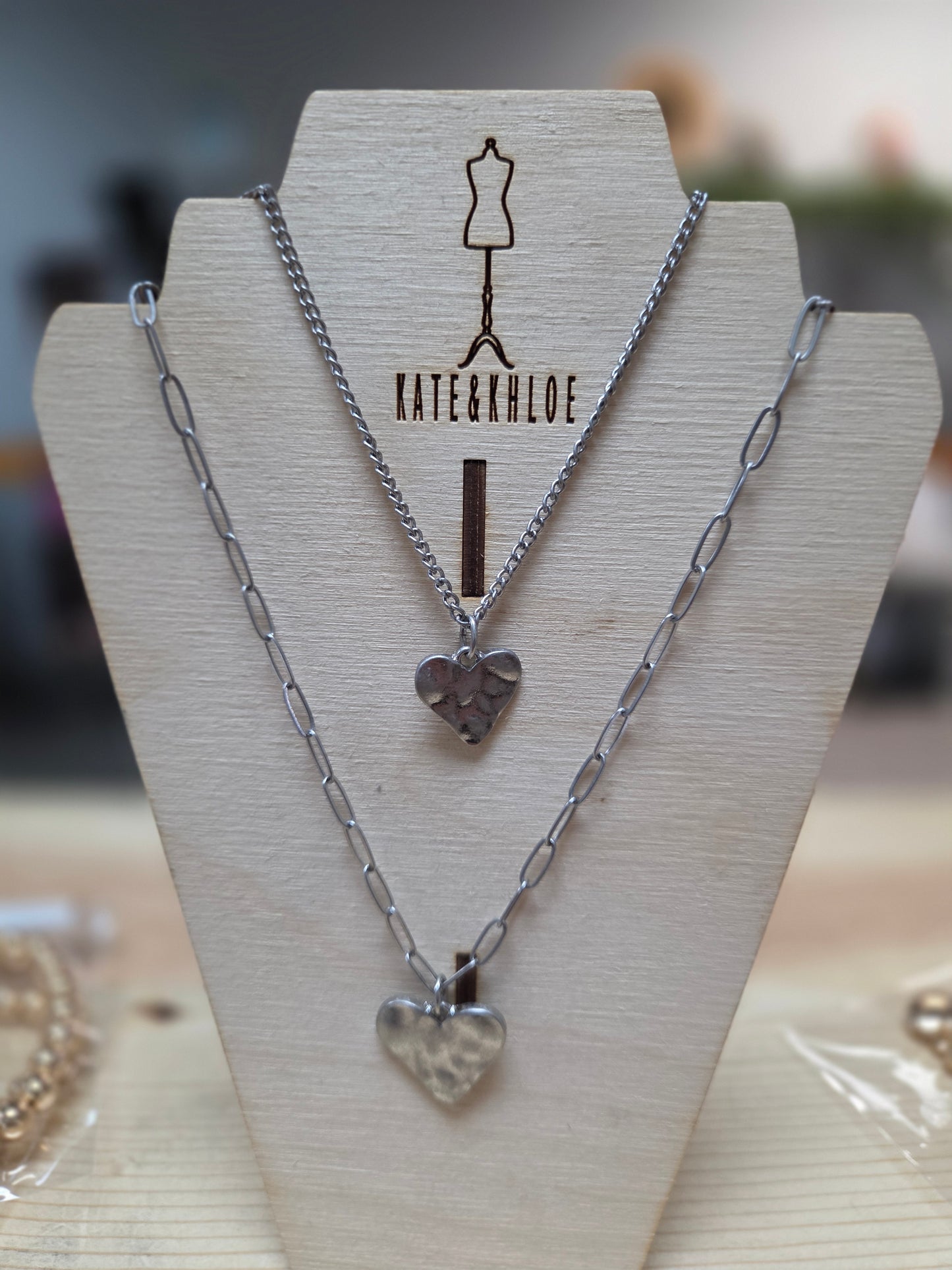 Double Layer Hammered Heart Charm Necklace Silver