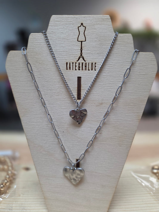 Double Layer Hammered Heart Charm Necklace Silver
