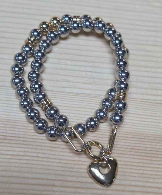 Two Tone Lock Heart Stretch Bracelet Set of Two