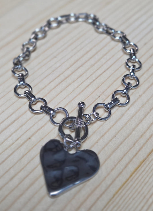 Silver Hammered Heart Toggle Closure Bracelet