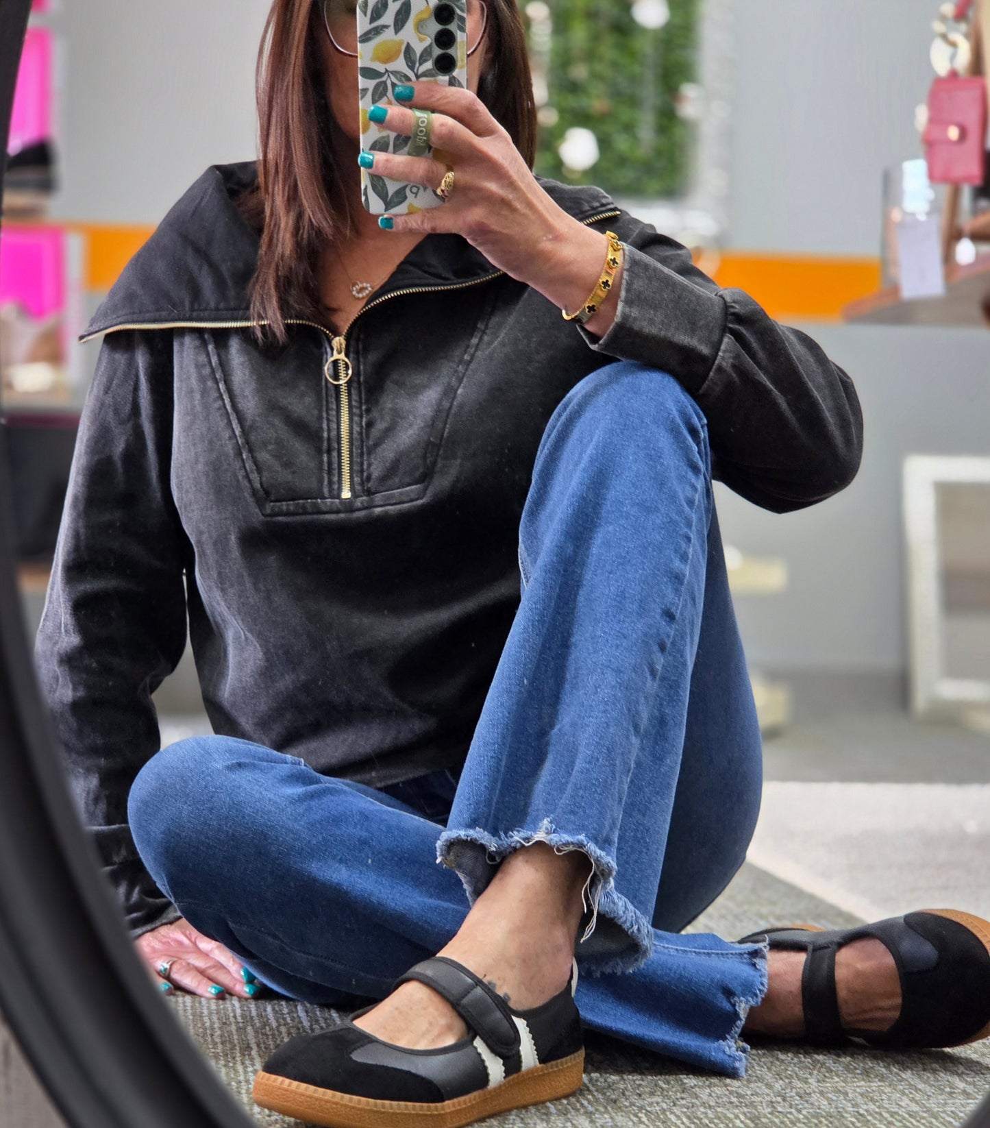 Mineral Wash Half Zip Pullover Top