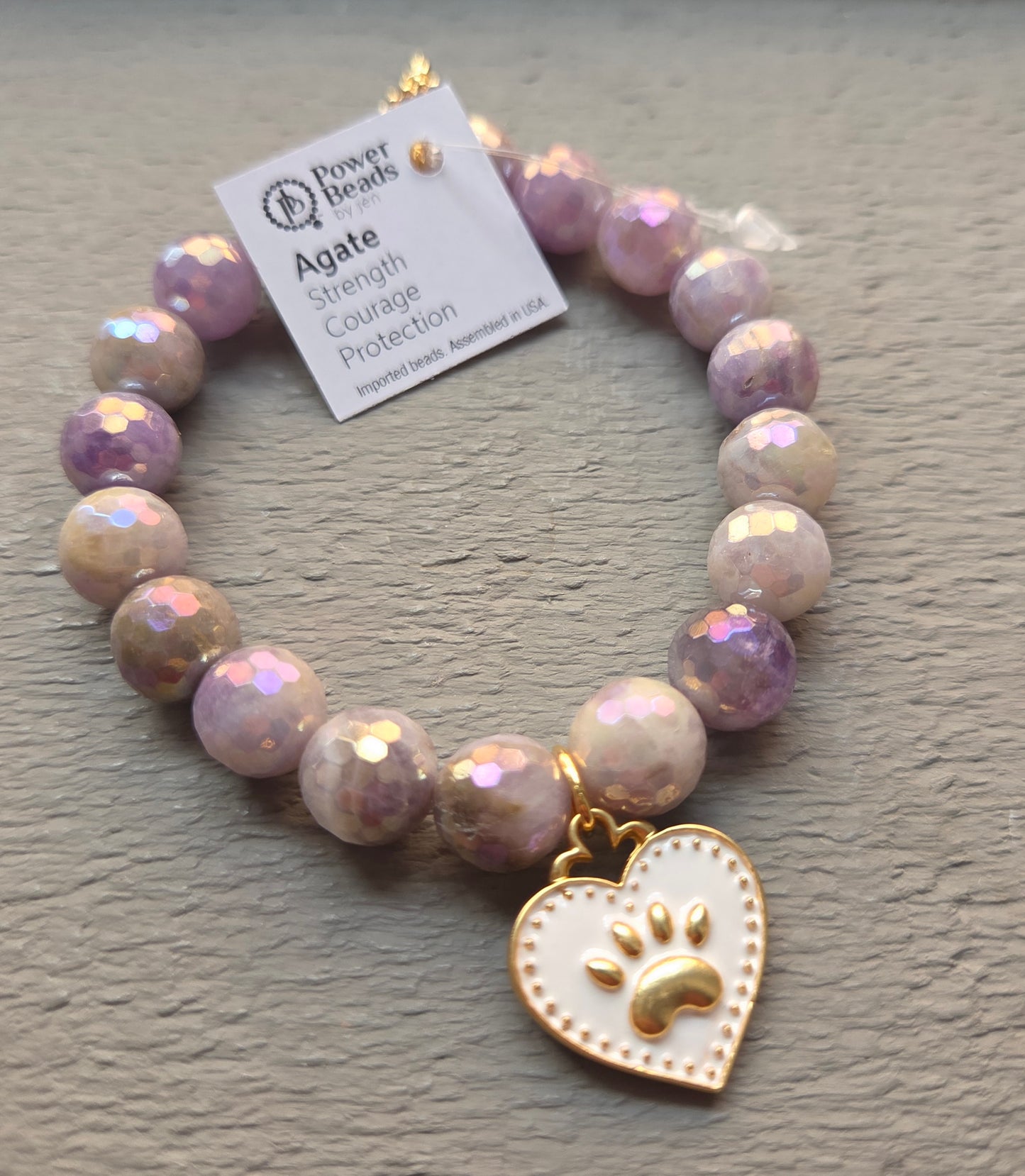 Power Beads By Jen Faceted Lavender Agate Bracelet with Paw Print Enamel Charm