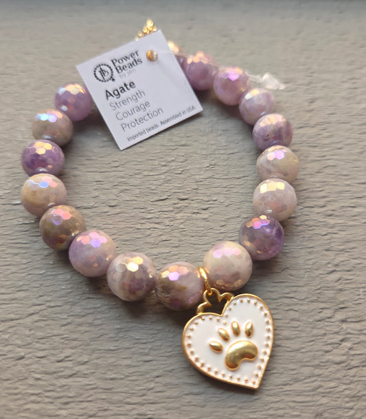 Power Beads By Jen Faceted Lavender Agate Bracelet with Paw Print Enamel Charm