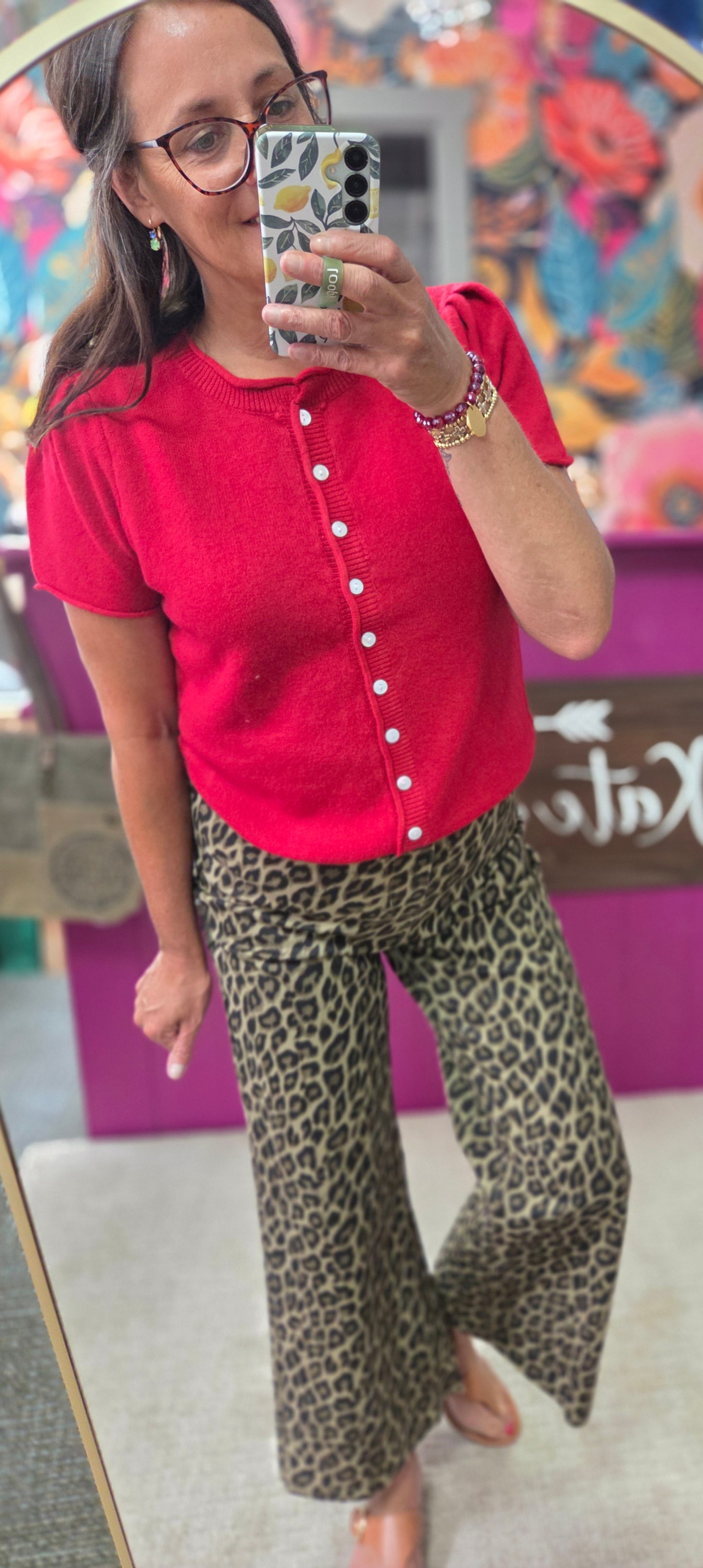 Pearl Perfect Button Front Short Sleeve Sweater ~  Cherry Red