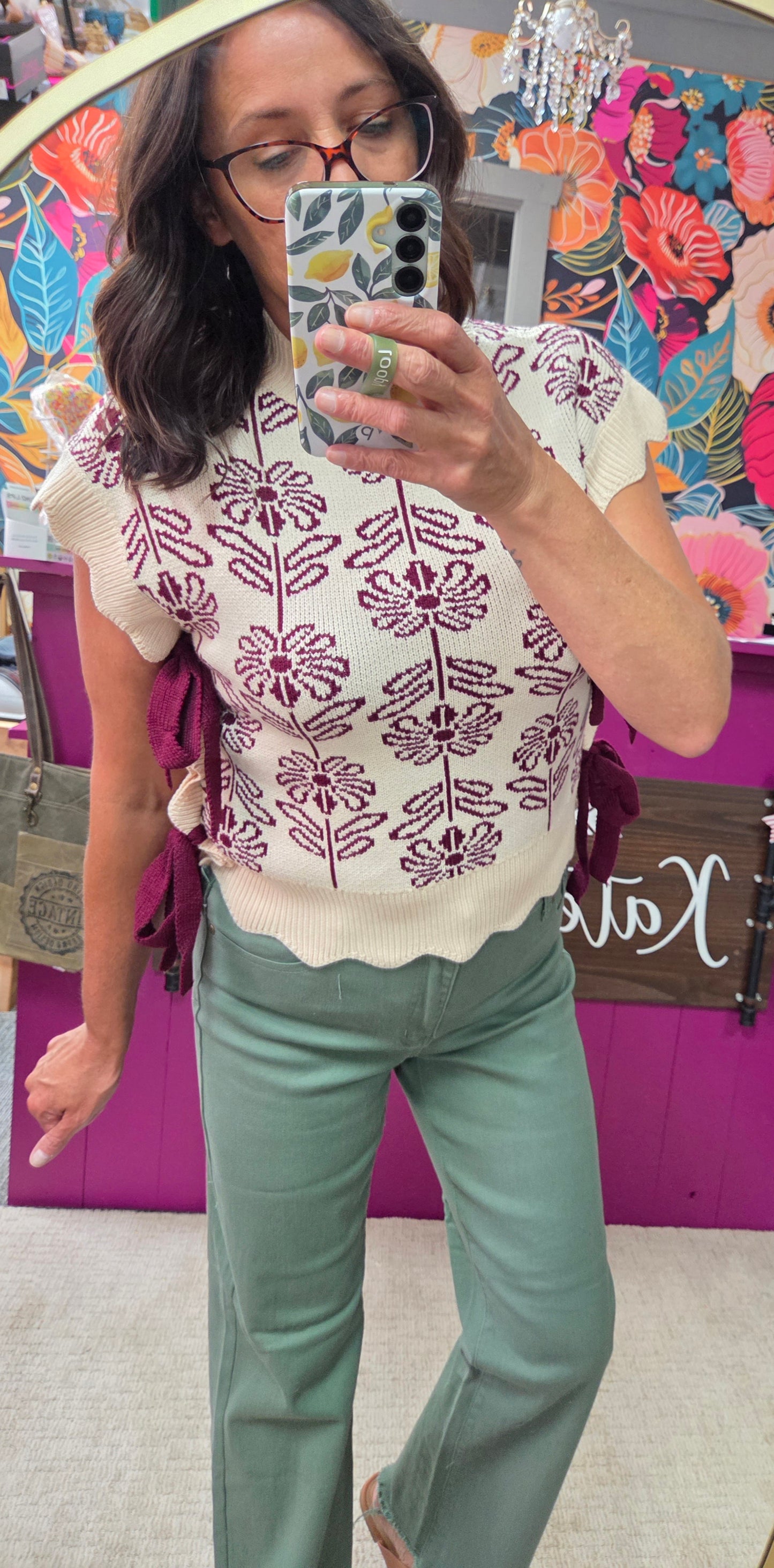 Blossom Knit Mock Neck Side Tie Sweater Vest