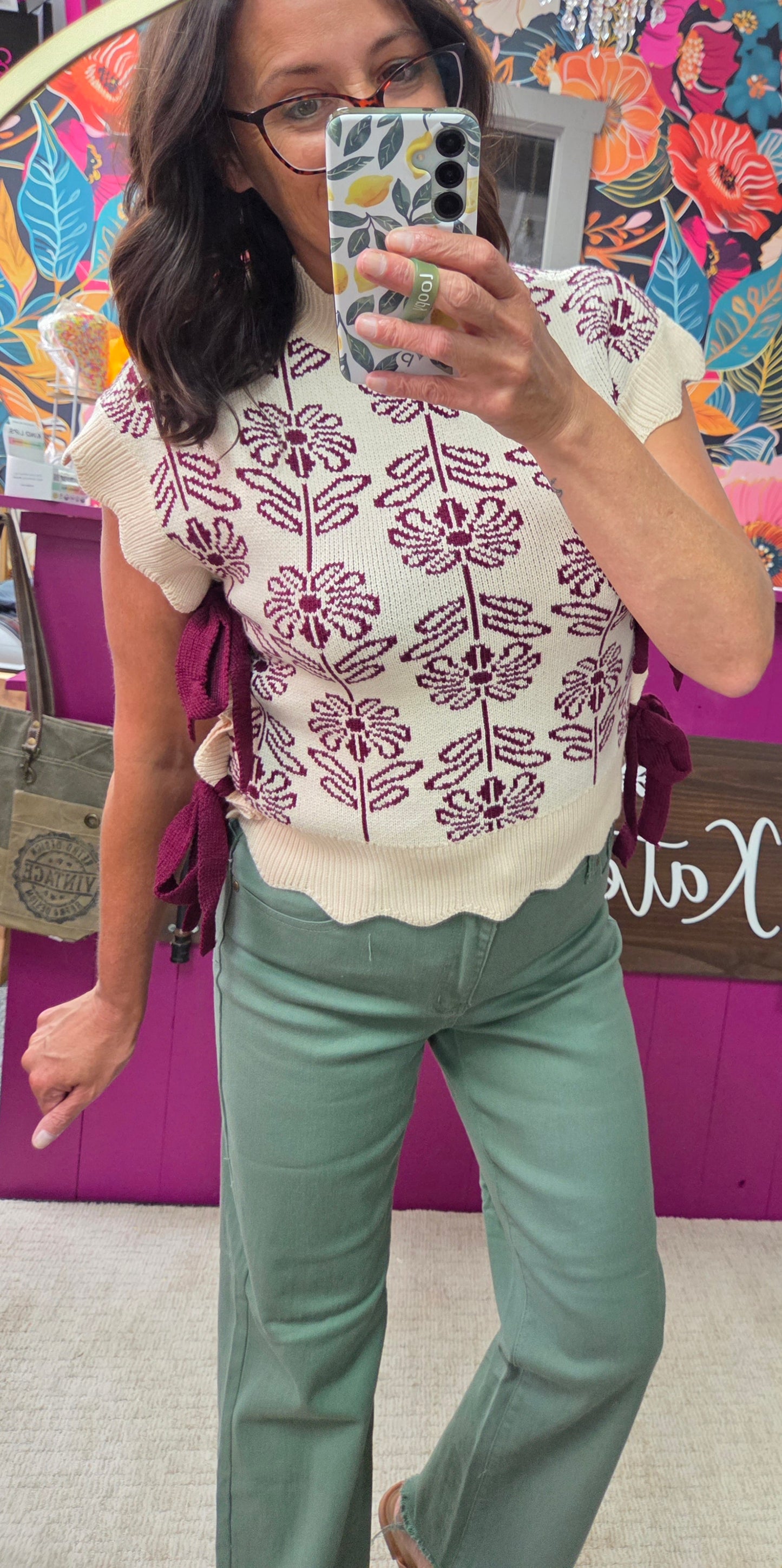 Blossom Knit Mock Neck Side Tie Sweater Vest