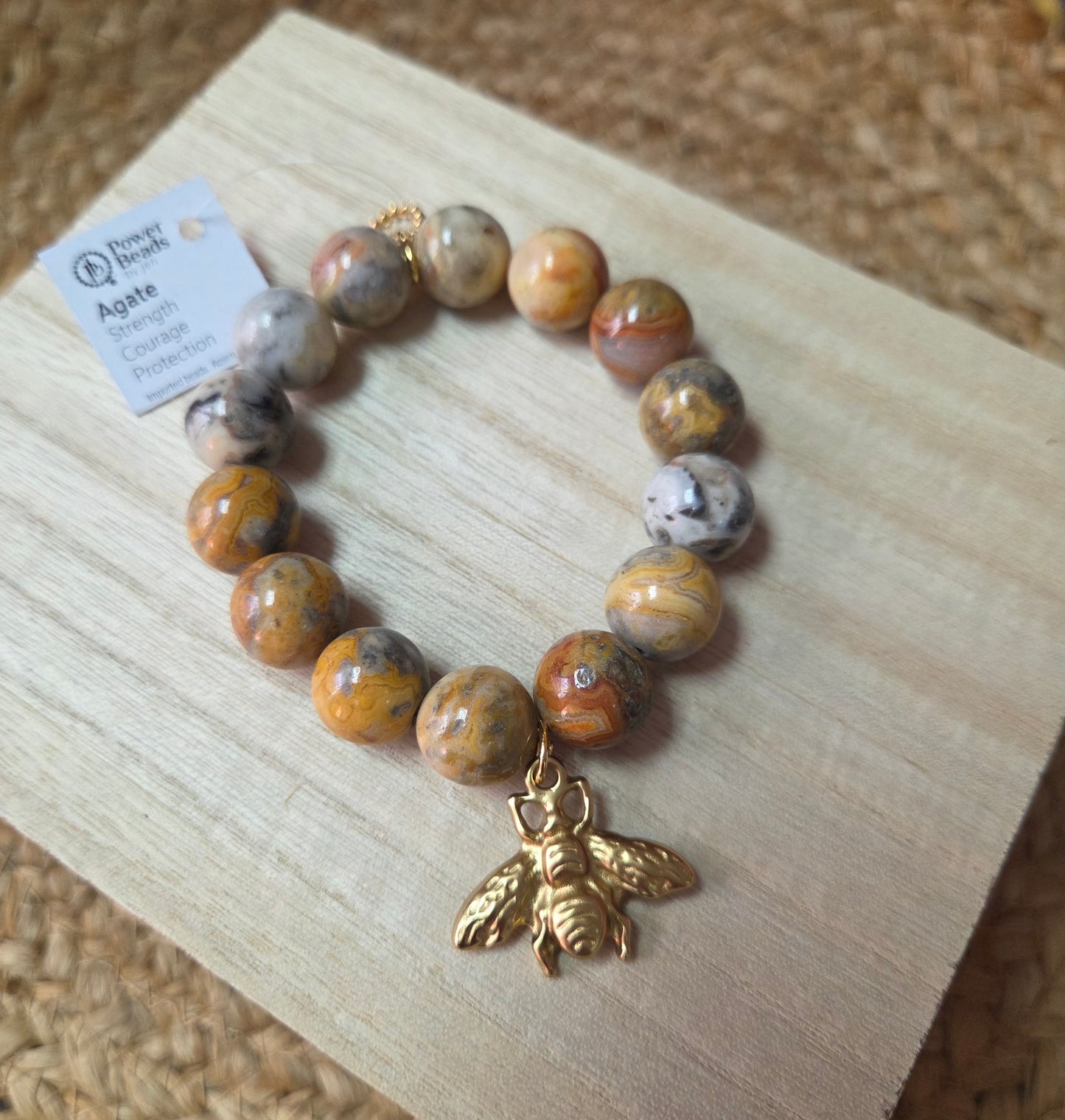 Faceted Desert Sand Agate with Gold Queen Bee Charm Bracelet ~Power Beads
