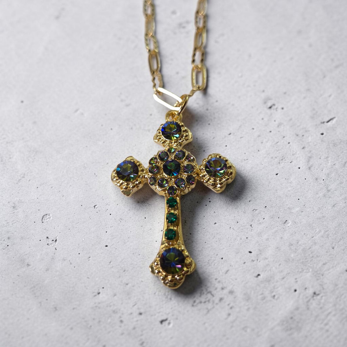 Mariana Flat Cross Pendant with Paperclip Chain in Twilight Serenade