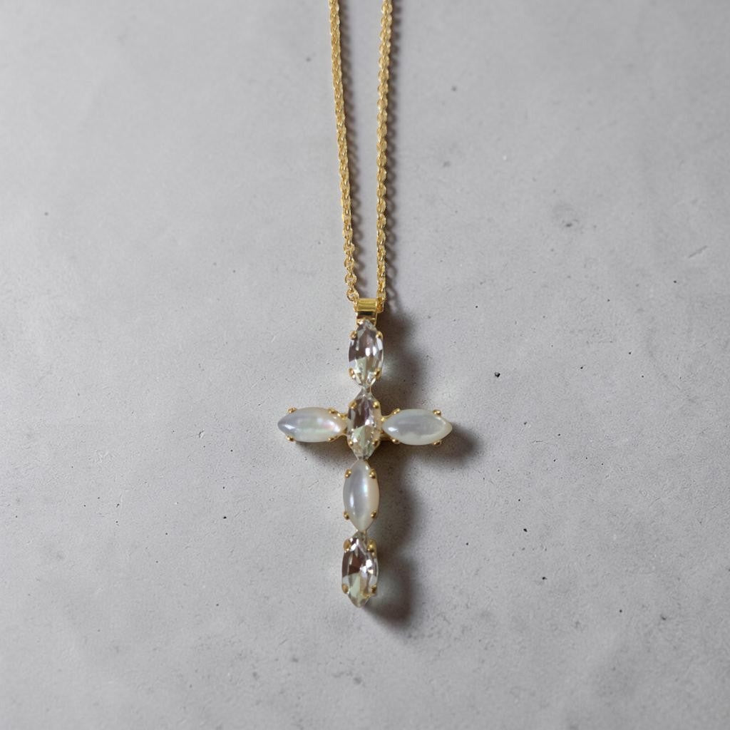 Mariana Marquise Cut Cross Necklace White Opal