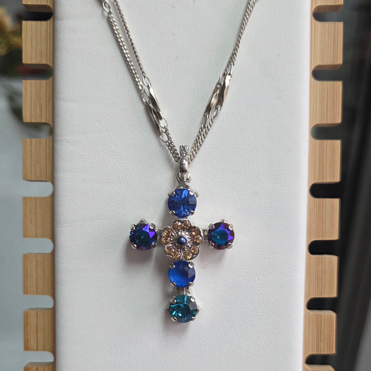 Mariana Flower Cross Pendant Indigo Hour and Rhodium