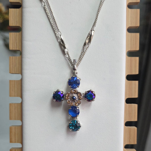 Mariana Flower Cross Pendant Indigo Hour and Rhodium