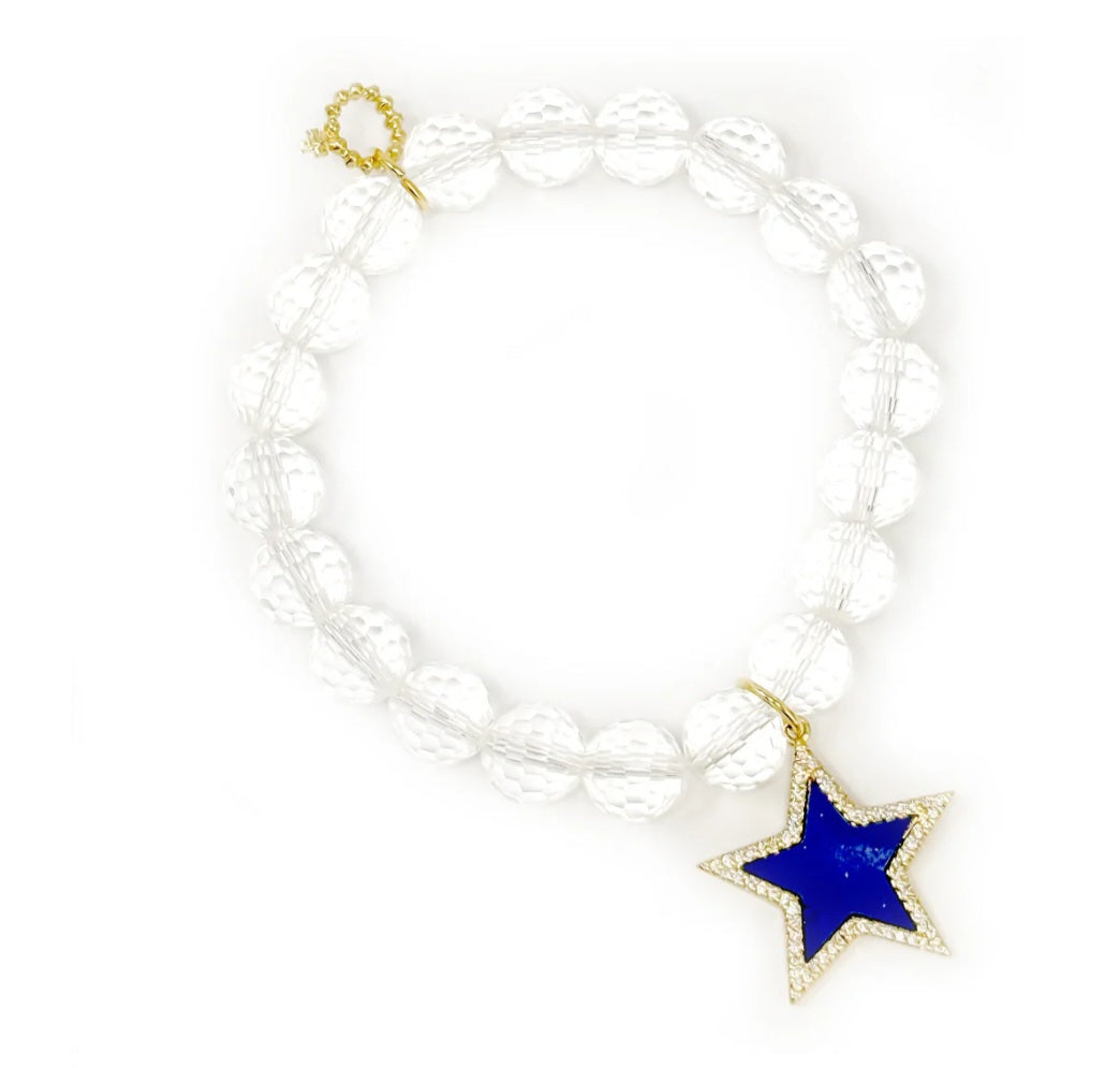 10mm Faceted Clear Quartz with Blue Enameled Star Bracelet