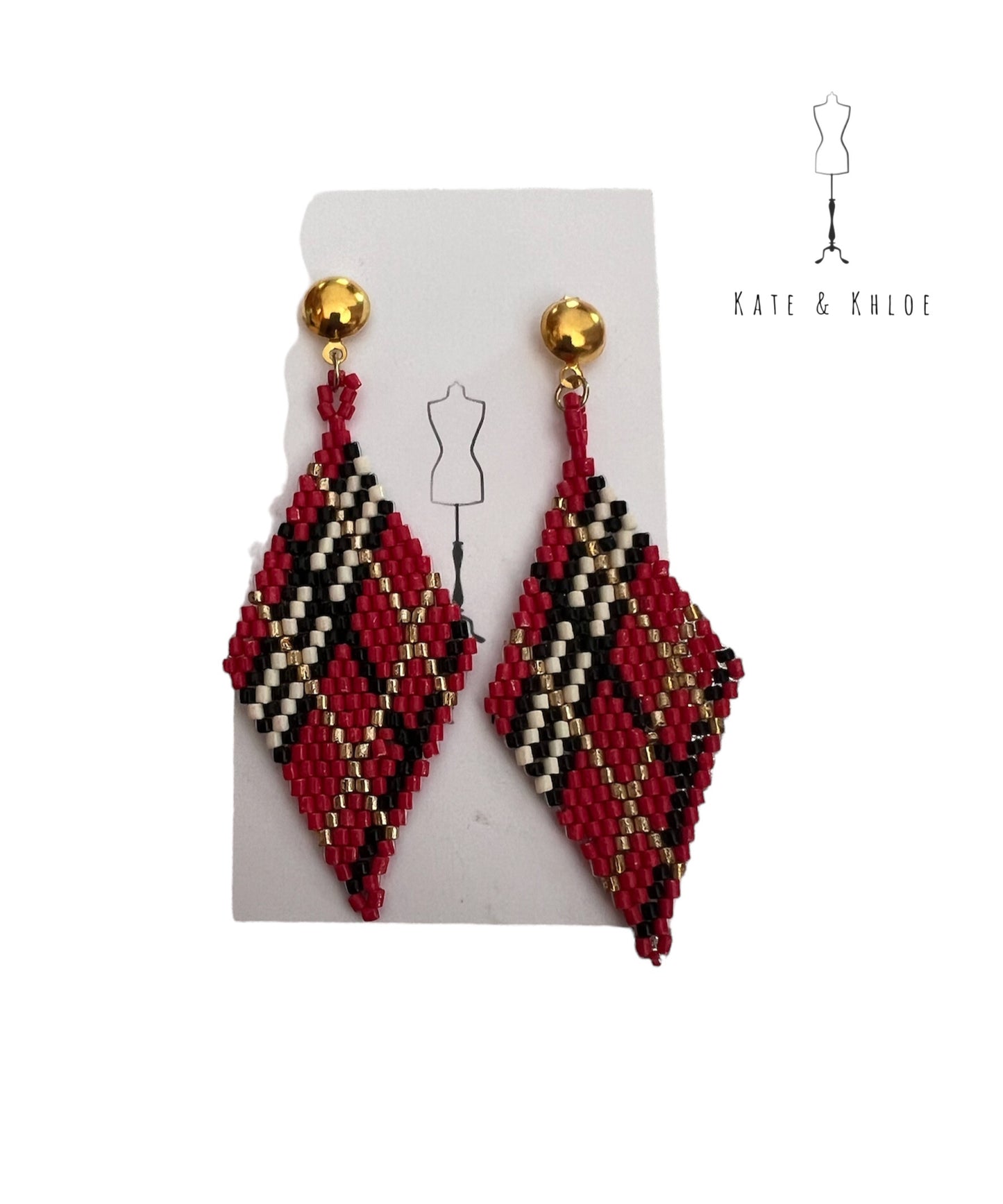 Red Plaid Seed Bead Dangle Earrings