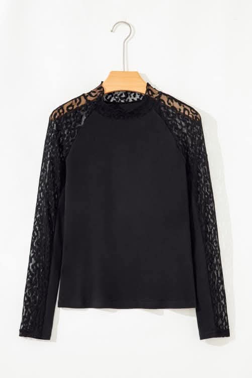 Black Leopard Print Mesh Sleeve Top
