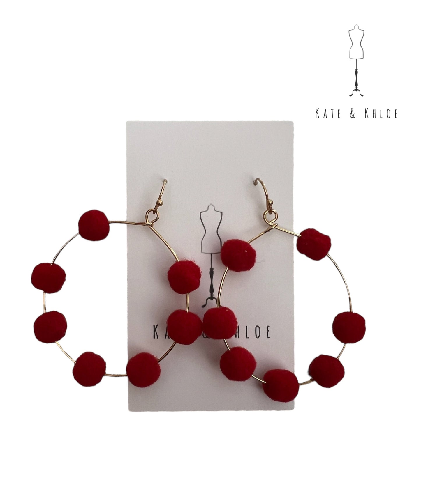 Gold Dangle Hoops with Mini Red Poms