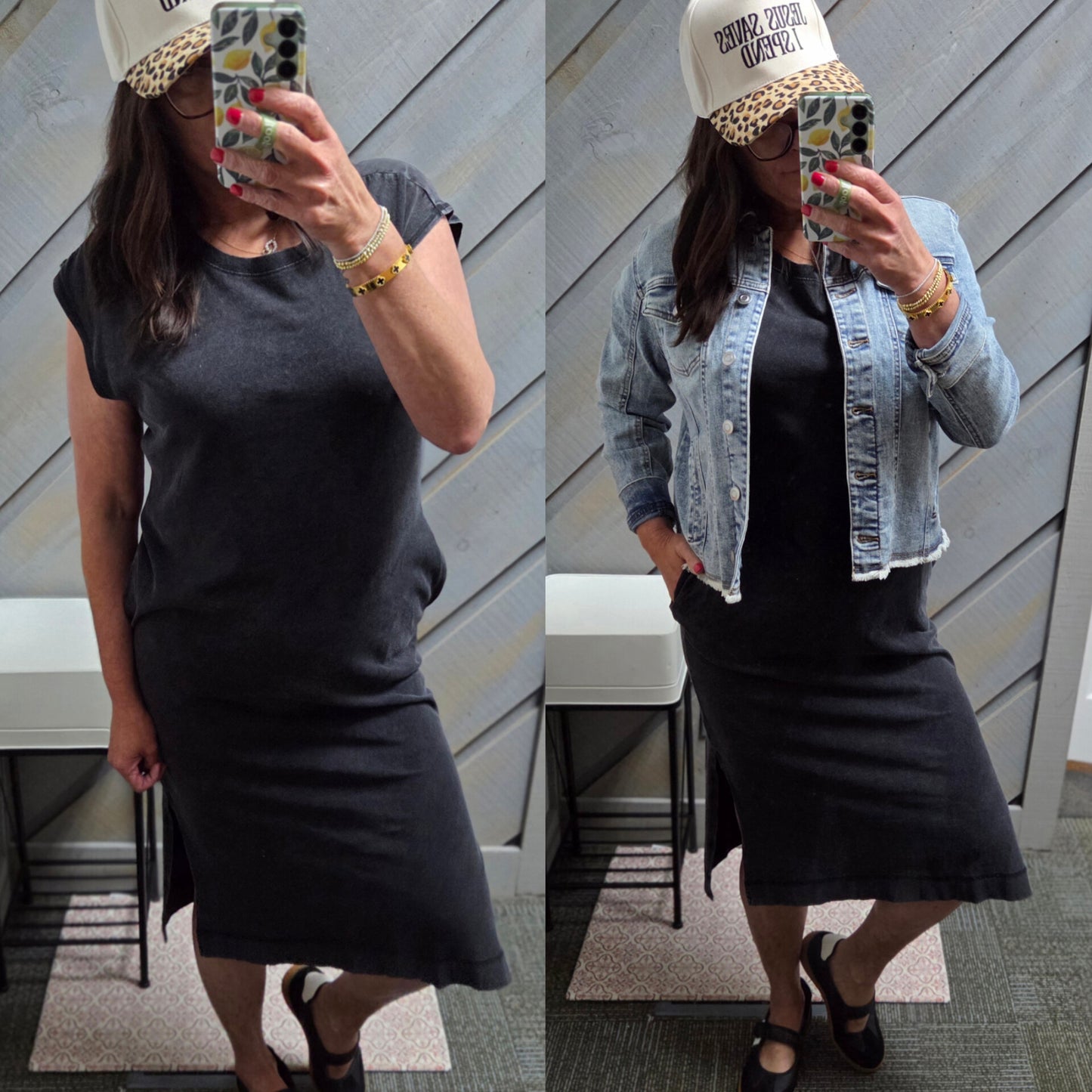 The Nikki Mineral Wash Cap Sleeve Midi Dress in Black