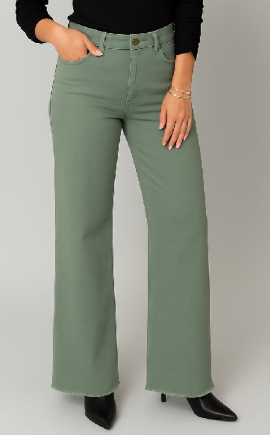 Olive Wide Leg Raw Hem Denim