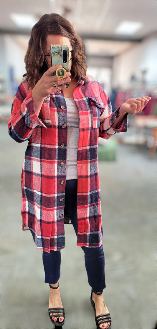 Cedar Grove Plaid Long Shacket - Red Tone