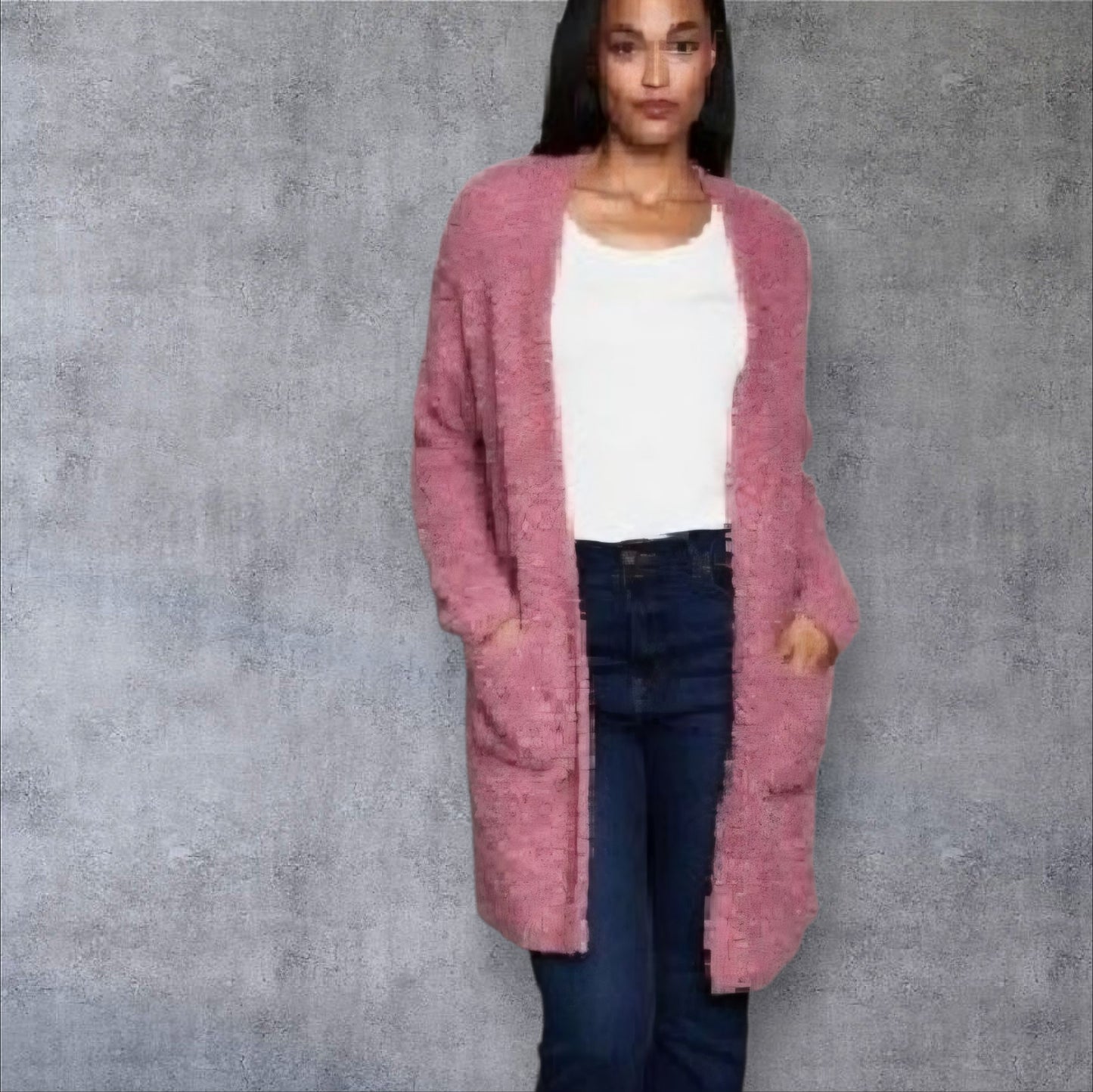 Longline Popcorn Open Front Cardigan in Blush