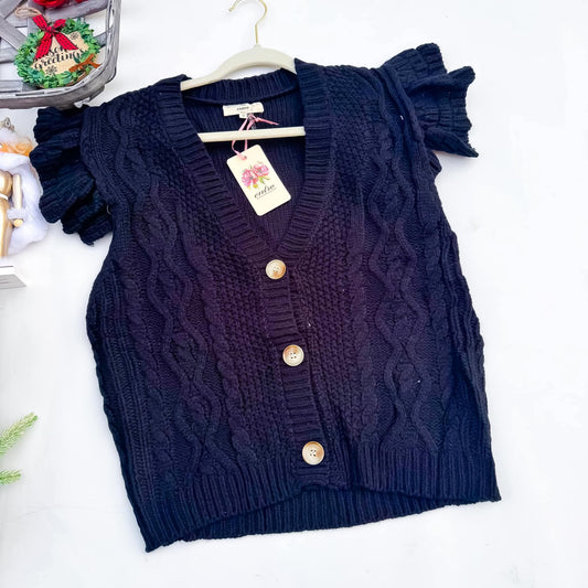 Cable Car Ruffle Sleeve Sweater Black