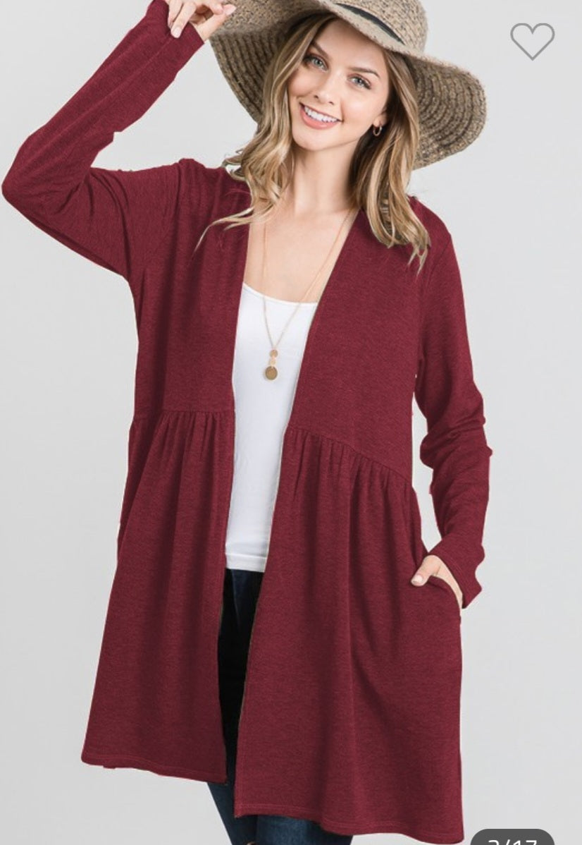 Harper ~  Open front Ruffle Cardigan Burgundy