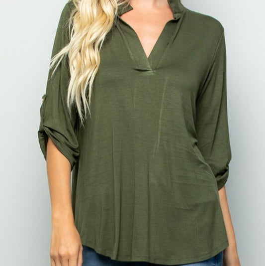 Meghan Mandarin Collar Top in Olive Green