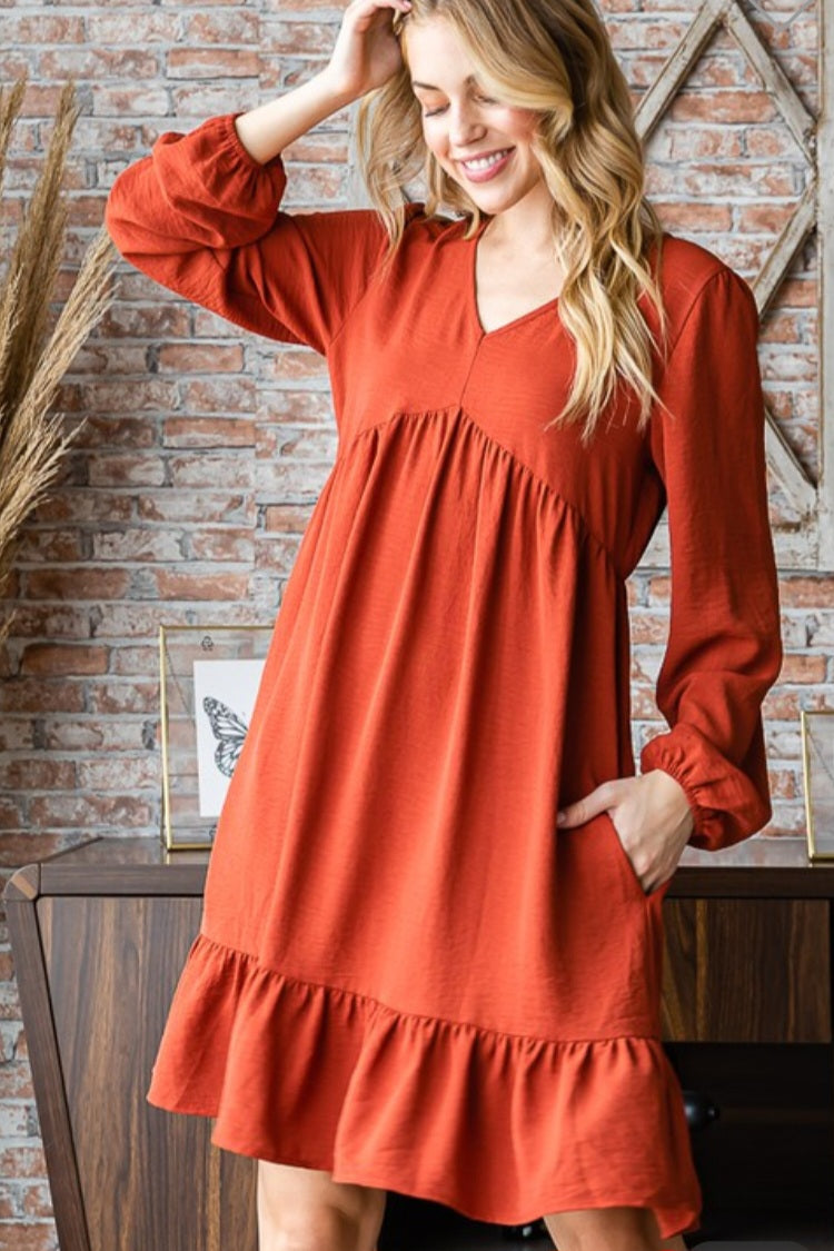Picture This ~ Long Sleeve Babydoll Dress in Burnt Orange