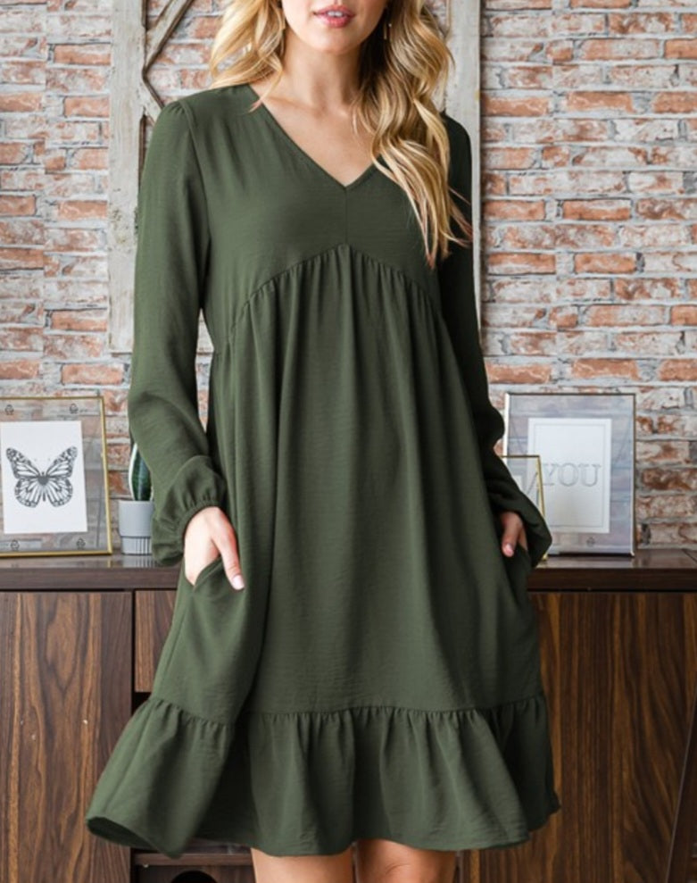 Picture This ~ Long Sleeve Babydoll Dress in Olive Green