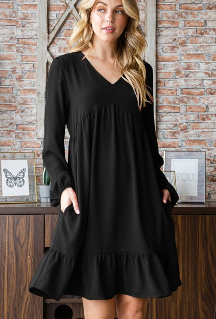 Picture This ~ Long Sleeve Babydoll Dress in Black