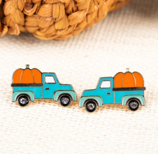 Home From The Pumpkin Patch - Turquoise Truck Earrings