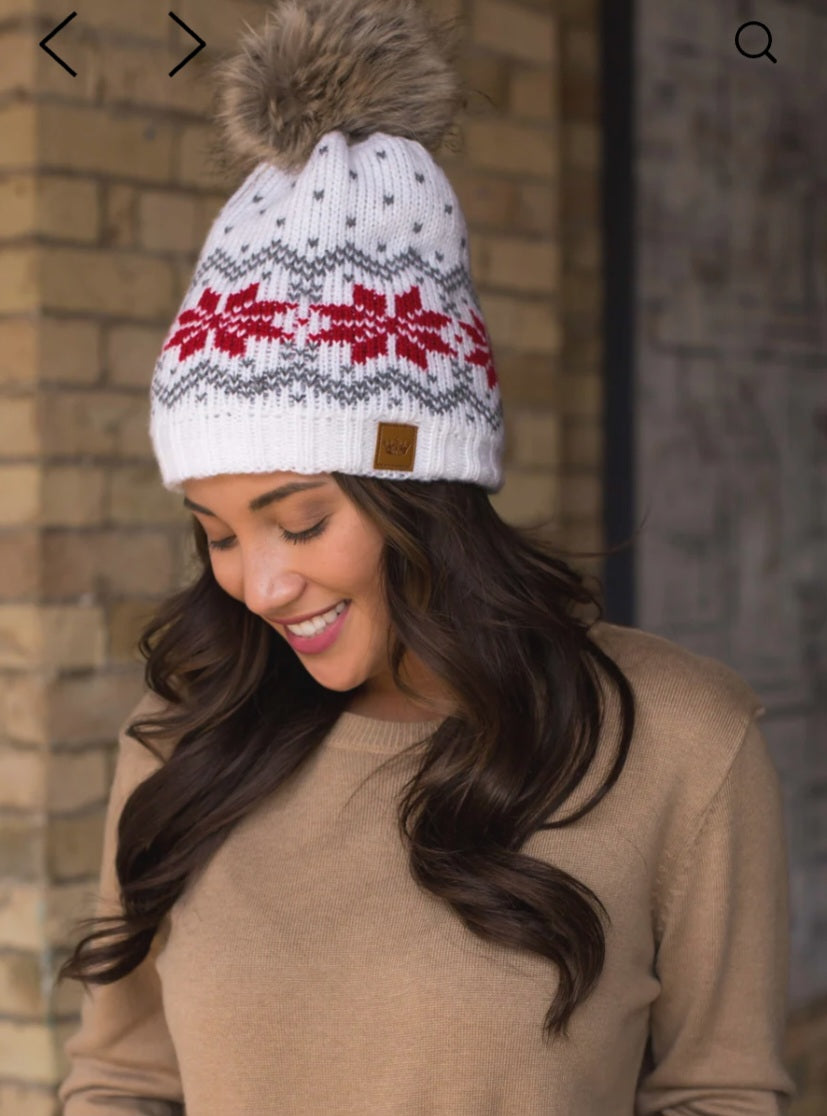 White Knit Hat with Snowflake Pattern