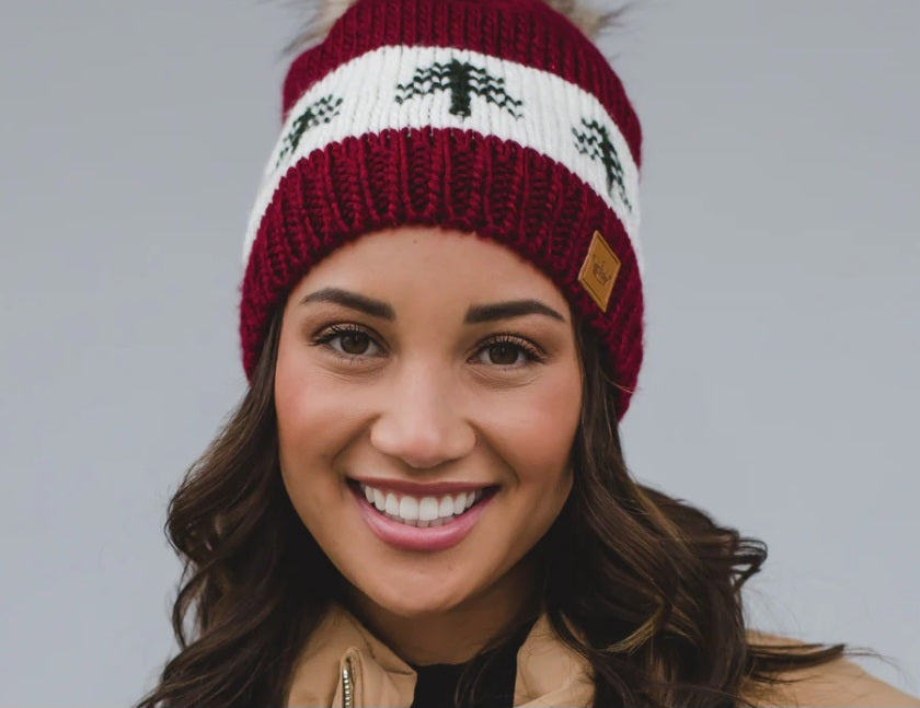 Burgundy Knit Hat with Tree Pattern