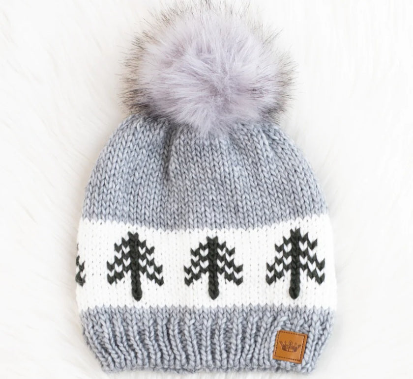 Grey Knit Hat with Tree Pattern
