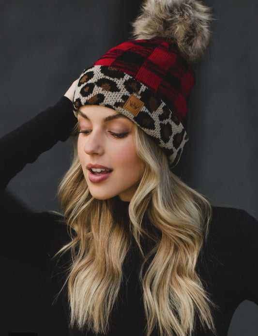 Buffalo Plaid & Leopard Print Pom detail Hat