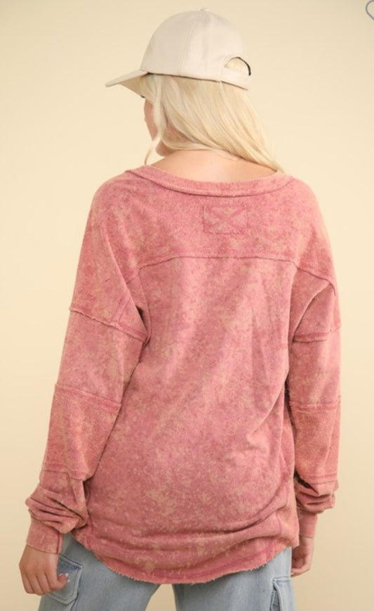 Mauve Masterpiece- Washed Knit V-Neck Oversized Top