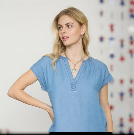 Split Neck Chambray Top