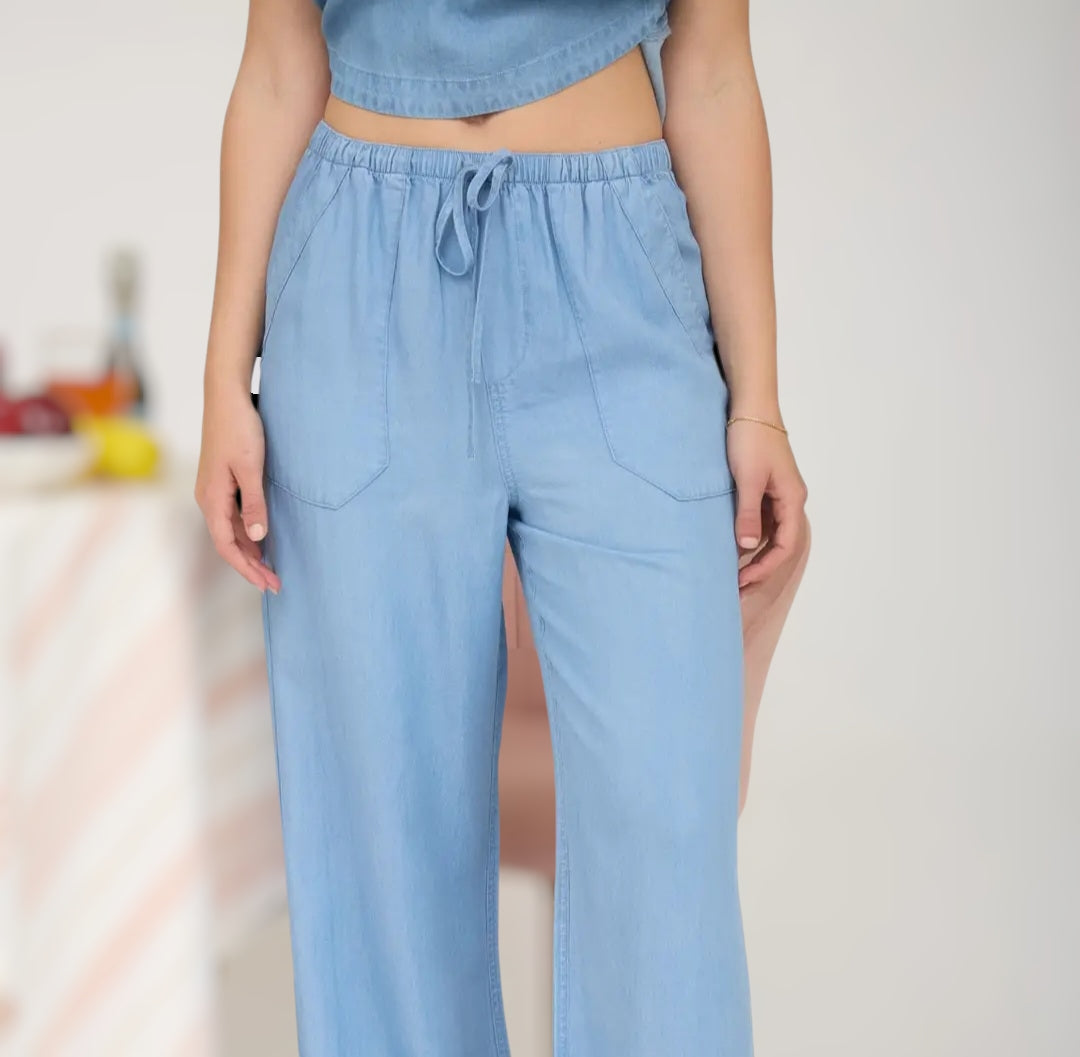 Chambray Drawstring Pants With Pockets
