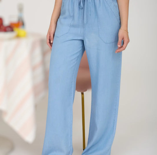 Chambray Drawstring Pants With Pockets