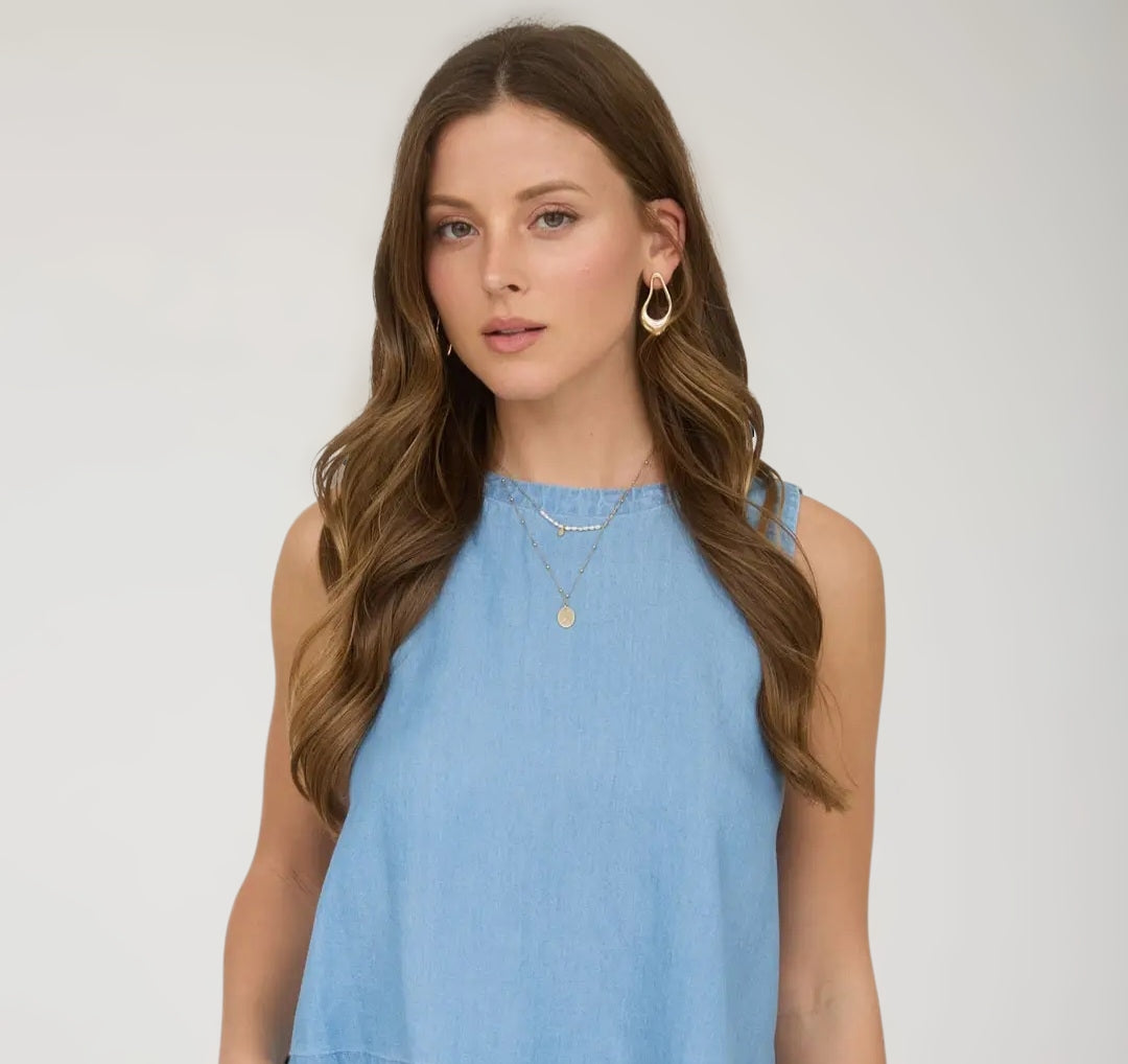 Chambray Top With Button Detail Back