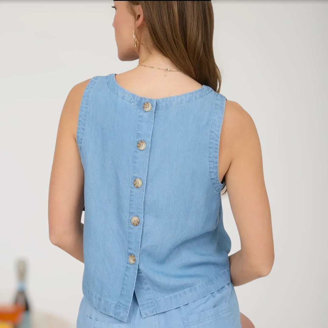 Chambray Top With Button Detail Back