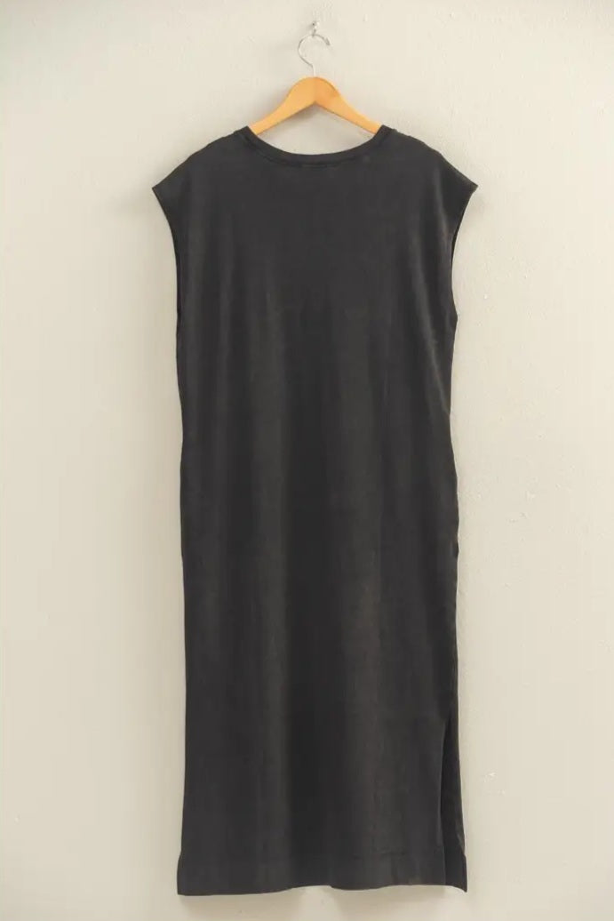 The Nikki Mineral Wash Cap Sleeve Midi Dress in Black