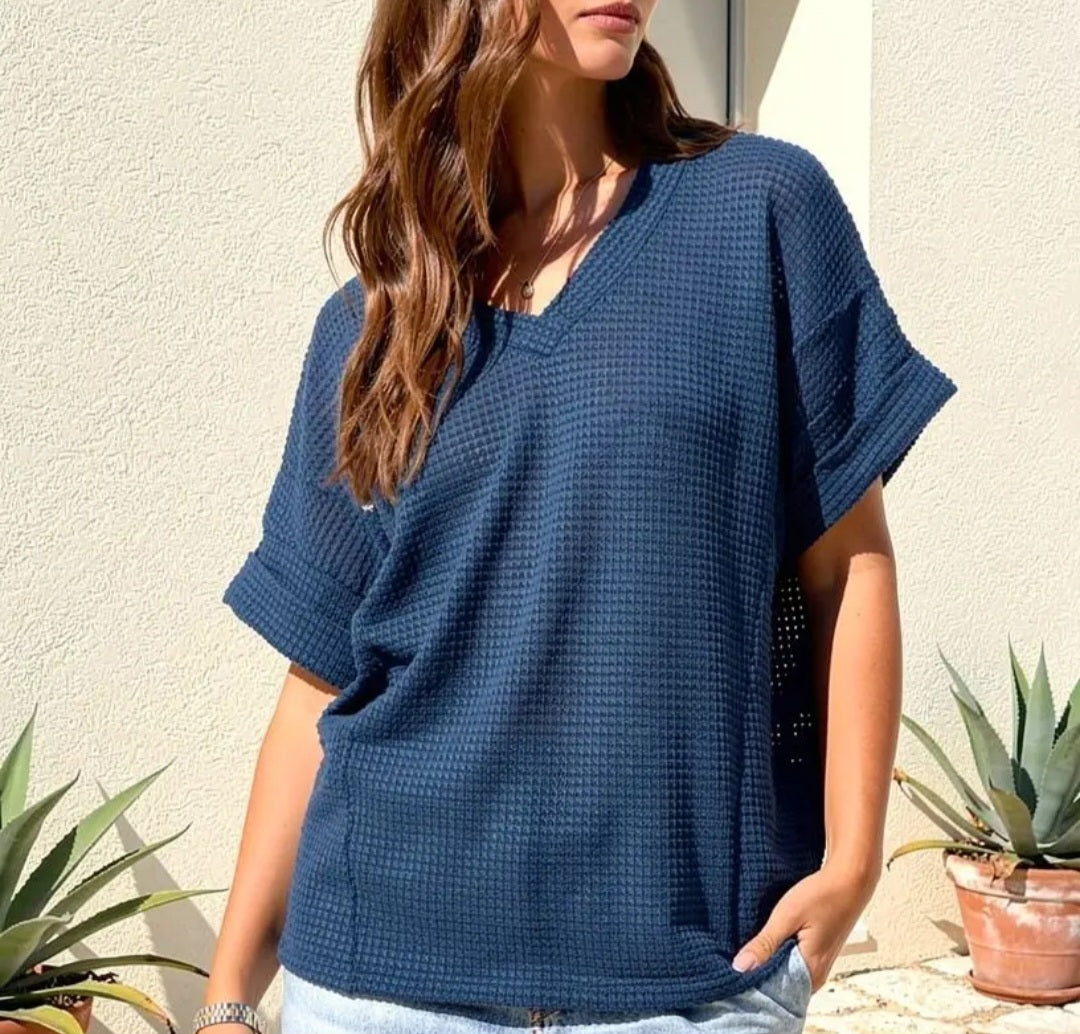 Stroll into Summer Waffle Knit Top in Navy