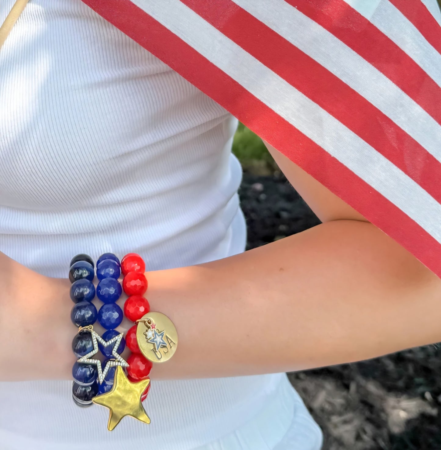 Faceted Cardinal Agate with USA & Stars Bracelet