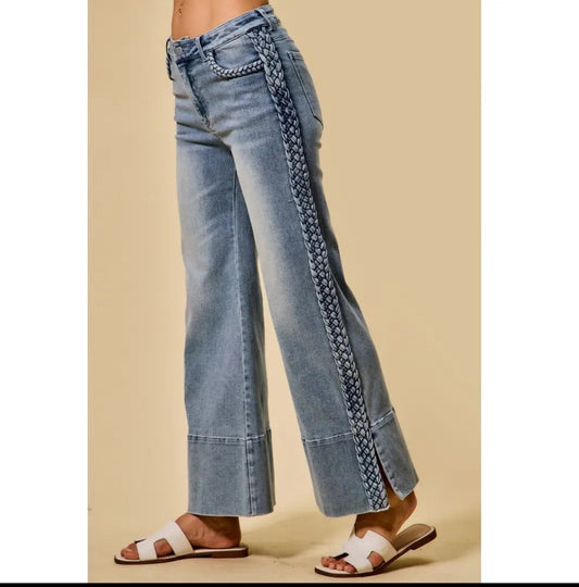 Knot Now Wide Leg Flare Denim with Side Braids