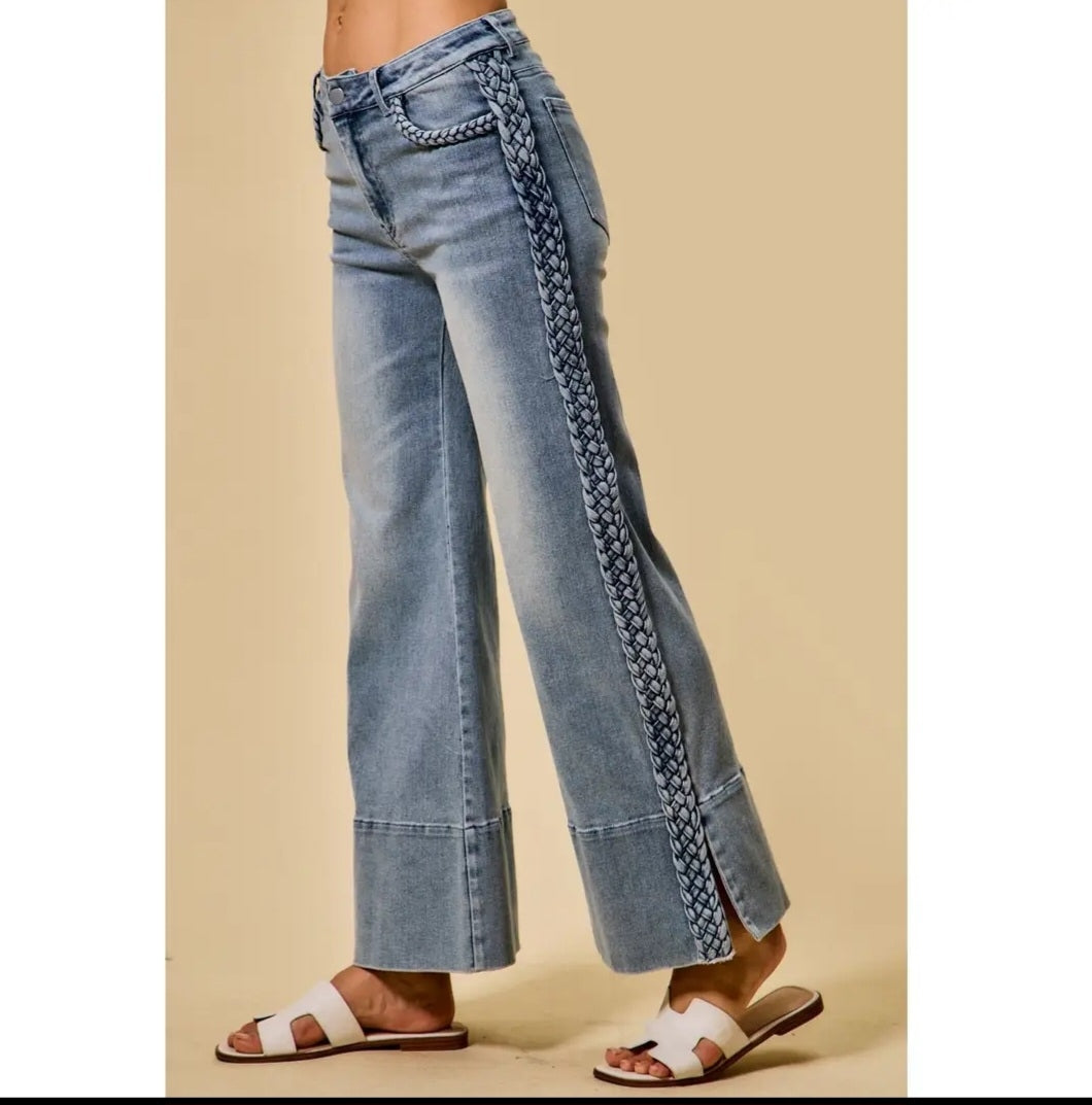 Knot Now Wide Leg Flare Denim with Side Braids