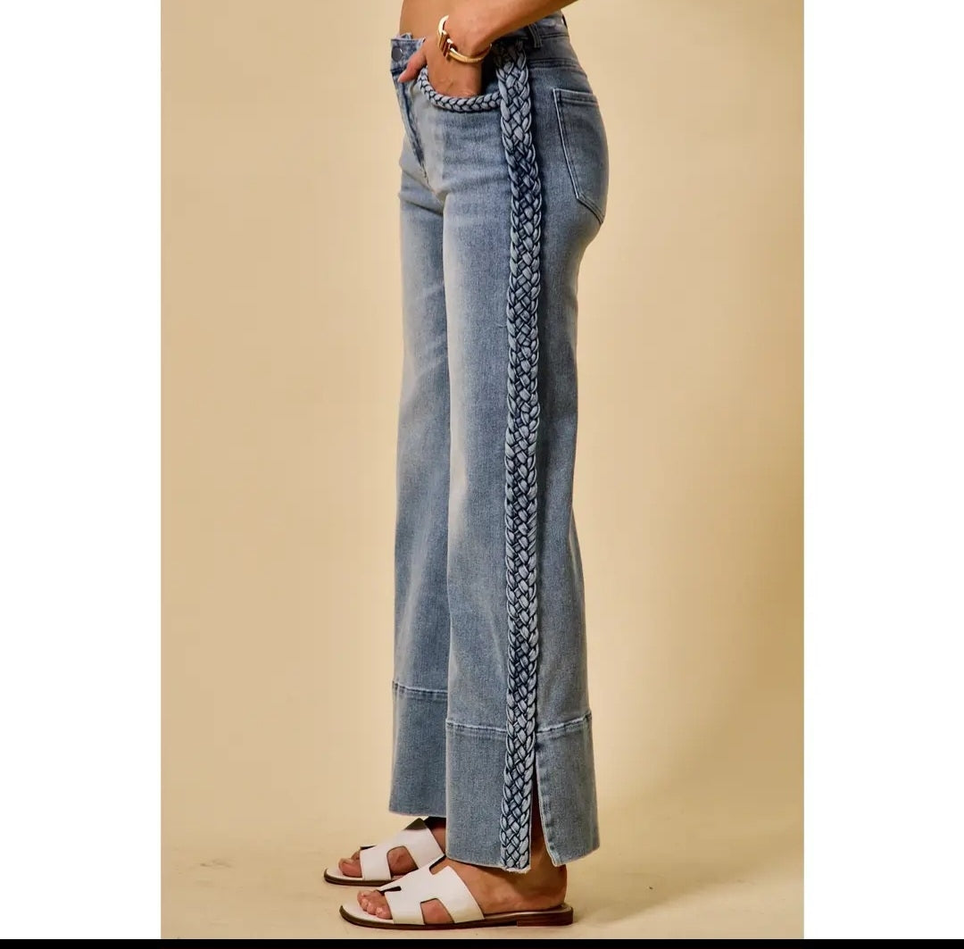 Knot Now Wide Leg Flare Denim with Side Braids